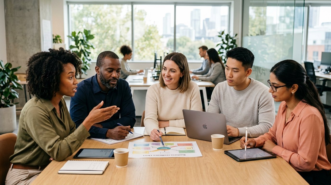 A diverse team of four colleagues collaborating around laptops and tablets, working through an operational resilience plan together.